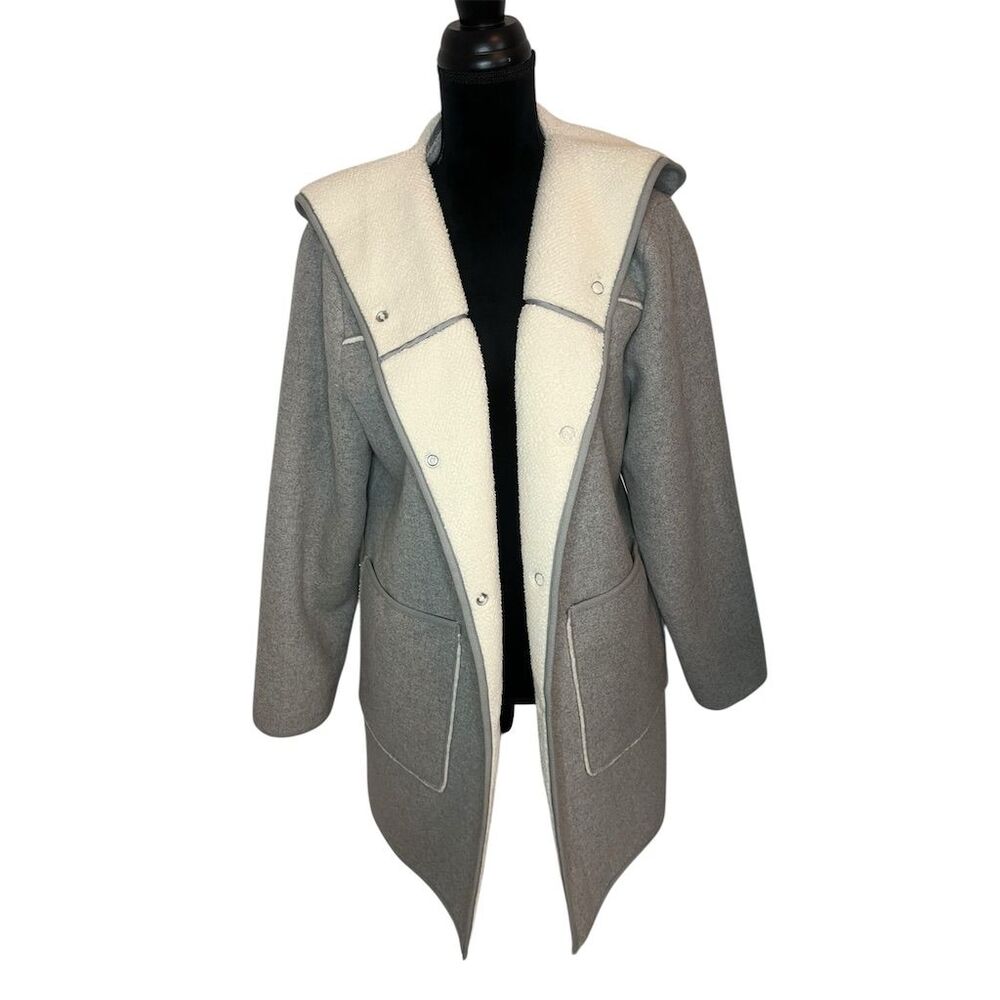 NWT Mo-Ka Women's Gray Sherpa Lined Hooded Overcoat Size L Winter Coat - Picture 2 of 10